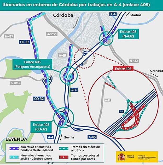 Transportes cortará el tráfico en enlaces entre la Ronda Oeste de Córdoba y la A-4 para sustituir unas vigas