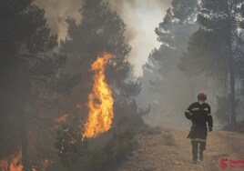 Un bombero recorre una zona de bosque arrasada y todavía en llamas por el incendio forestal en Castellón.