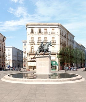 Imagen secundaria 2 - Recreaciones del futuro aspecto de la estatua de Carlos III, frente a la Real Casa de Correos y rodeada por una lámina de agua con forma oval cuyo fondo imitará el cielo estrellado con puntos luminosos