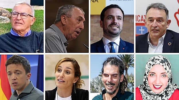 Ocho de los asistentes al acto de Díaz: Joan Baldoví, Joan Ribó, Alberto Garzón, Enrique Santiago, Íñigo Errejón, Mónica García, Alberto Rodríguez y Fátima Hamed