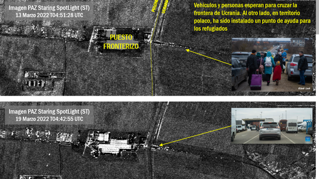 Fotografías tomadas el 13 y el 19 de marzo de 2022 en un paso entre Ucrania y Polonia. En la segunda imagen, se observa mayor afluencia de personas en las 'manchas' en blanco