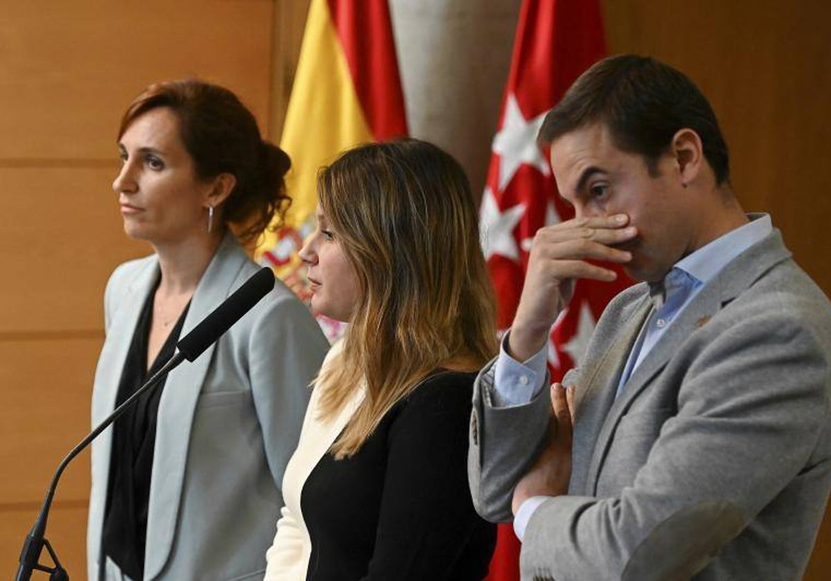 Mónica García, Alejandra Jacinto y Juan Lobato, candidatos de Más Madrid, Podemos y el PSOE