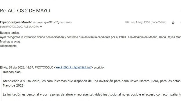 Captura del correo electrónico enviado por el equipo de Reyes Maroto