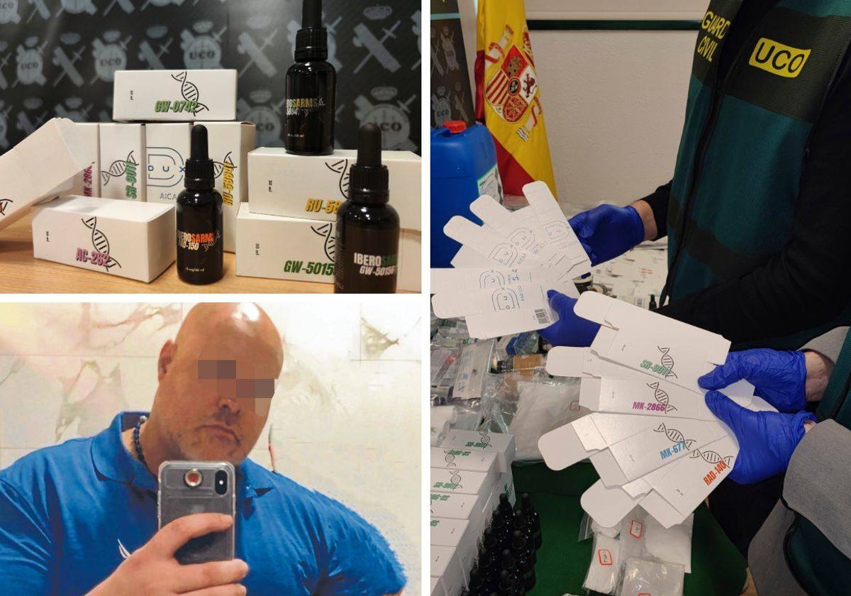 El 'influencer' detenido, Ron Montana; goteros con SARM, y agentes de la UCO con un alijo incautado de estos anabolizantes