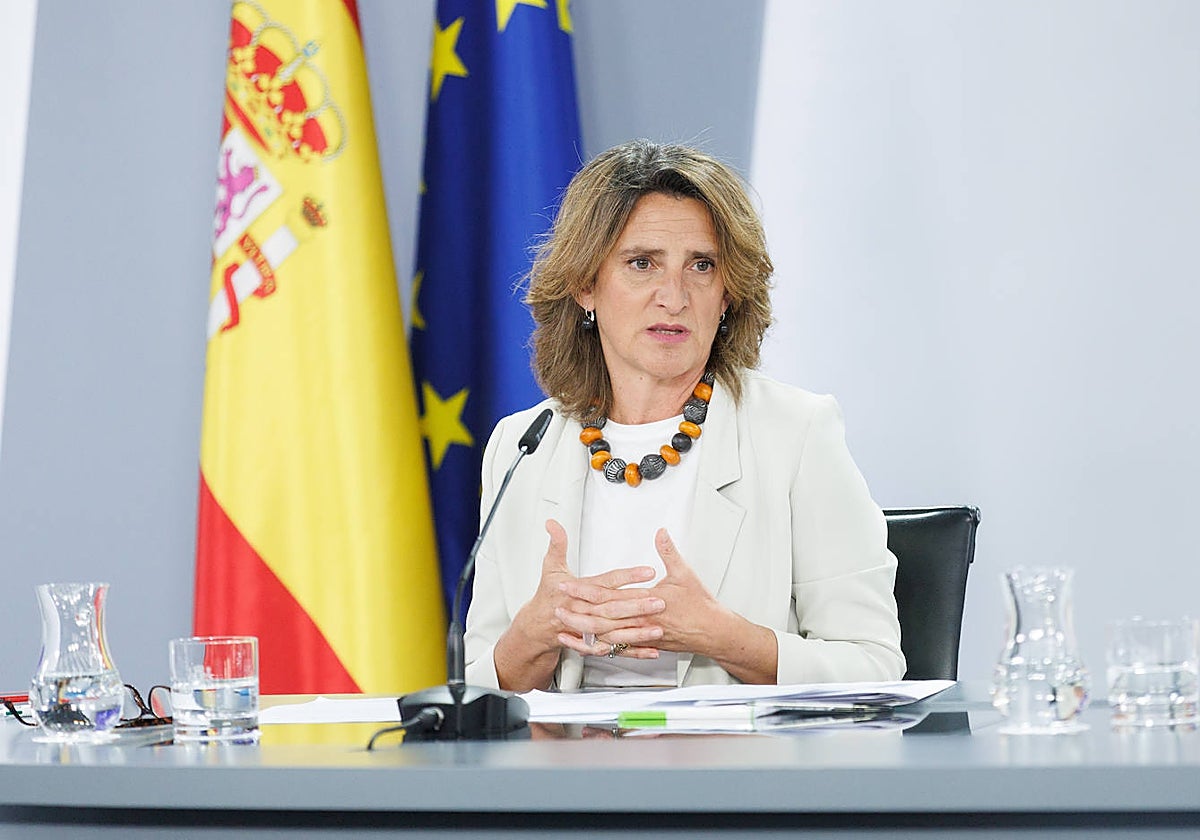 La vicepresidenta tercera del Gobierno, Teresa Ribera, durante la presentación del decreto de la sequía