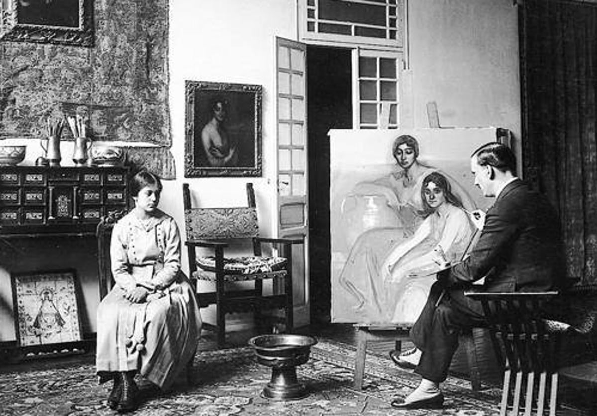 Julio Romero de Torres pintando a una modelo en su estudio