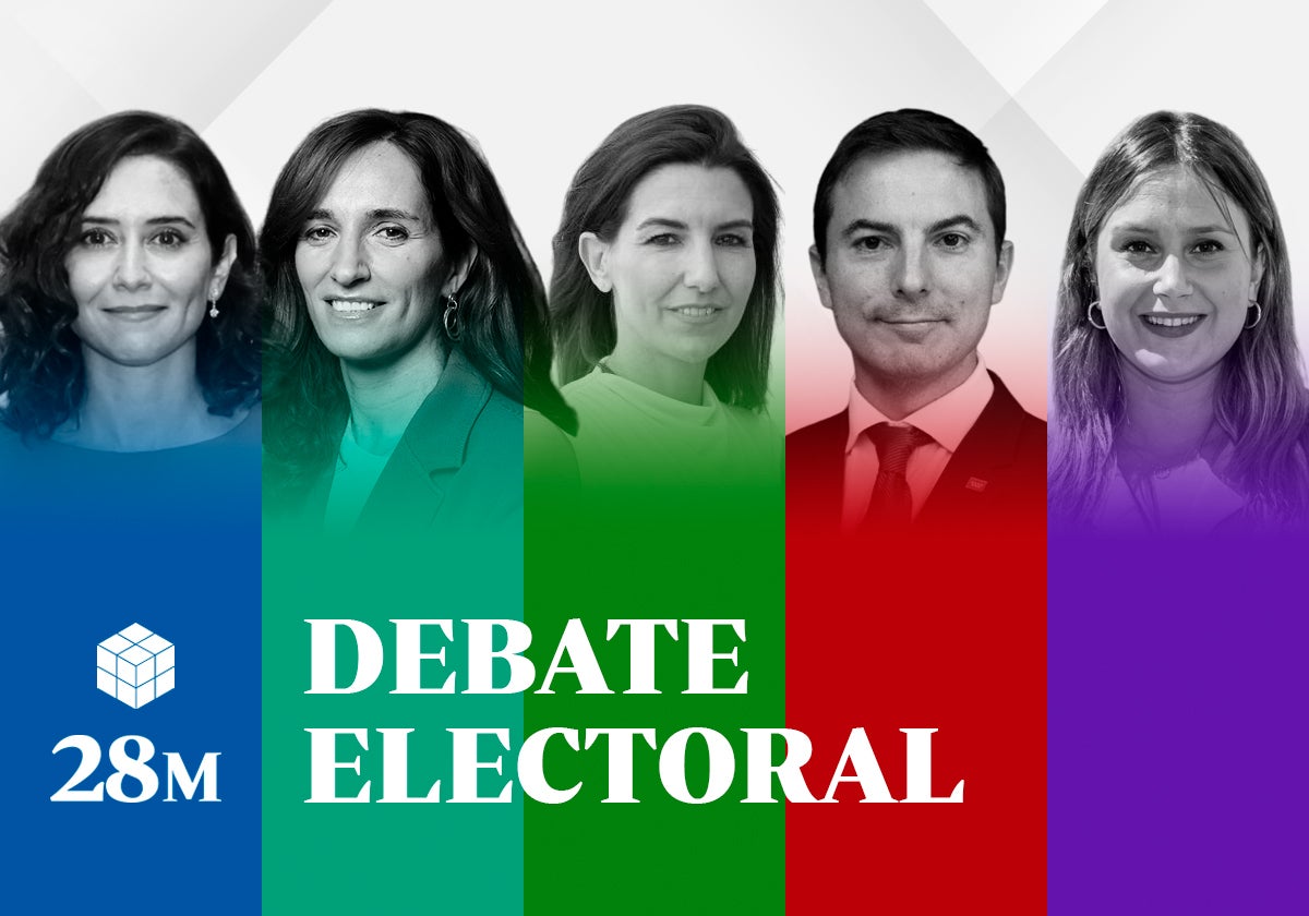 Los candidatos a las elecciones de Madrid Rocío Monasterio, Mónica García, Isabel Díaz Ayuso, Juan Lobato y Alejandra Jacinto