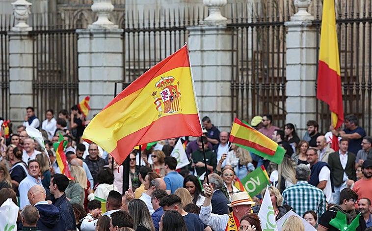 Imagen principal - En las imágenes diferentes momentos del cierre de campaña de Vox en la plaza del Ayuntamiento. Abascal y los candidatos a la alcaldía y a la Junta. A la derecha, David Moreno durante su intervención