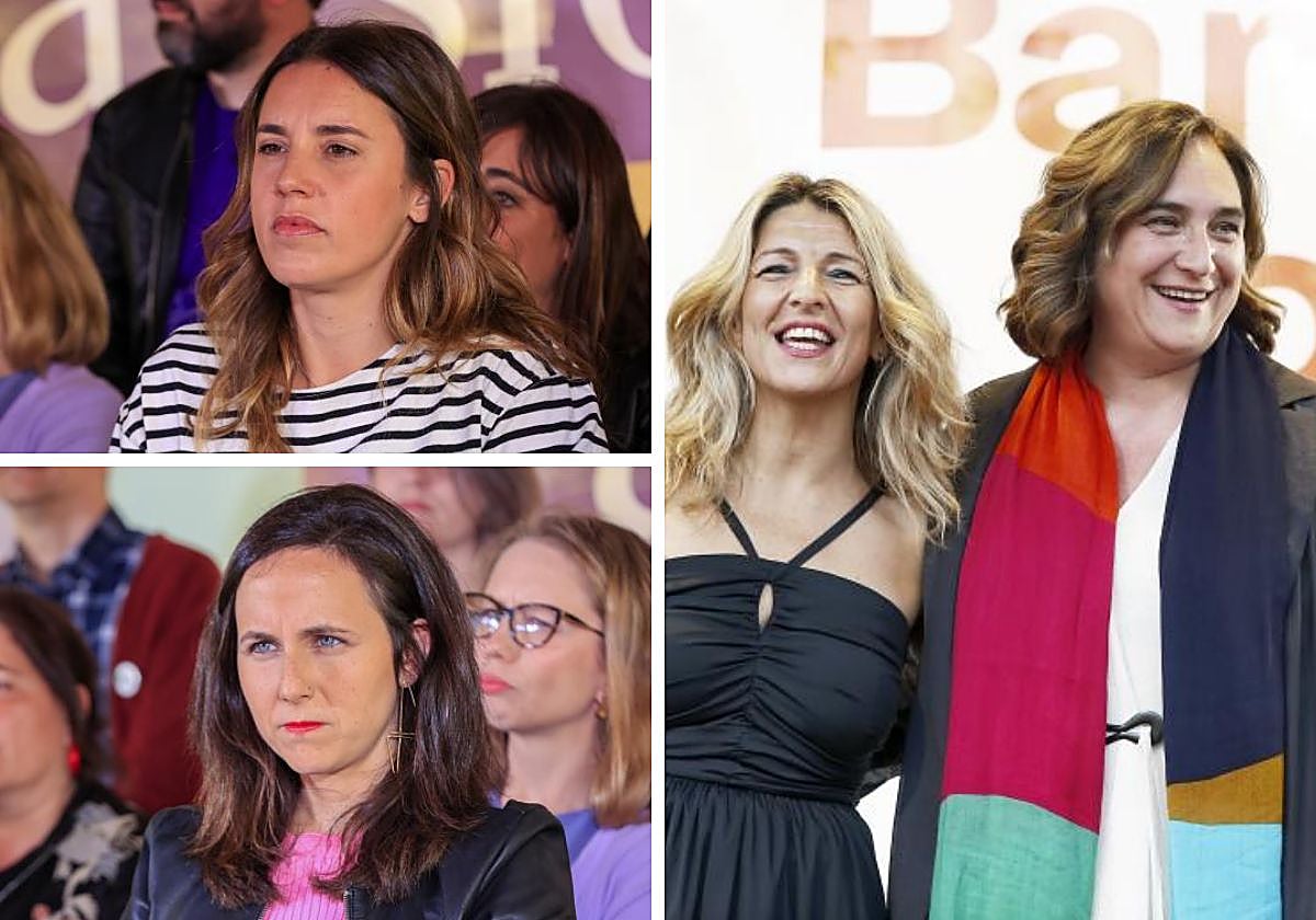 A la izquierda, Montero y Belarra en el acto de cierre de campaña de Podemos en Madrid. Al lado, Colau y Díaz en el de Barcelona