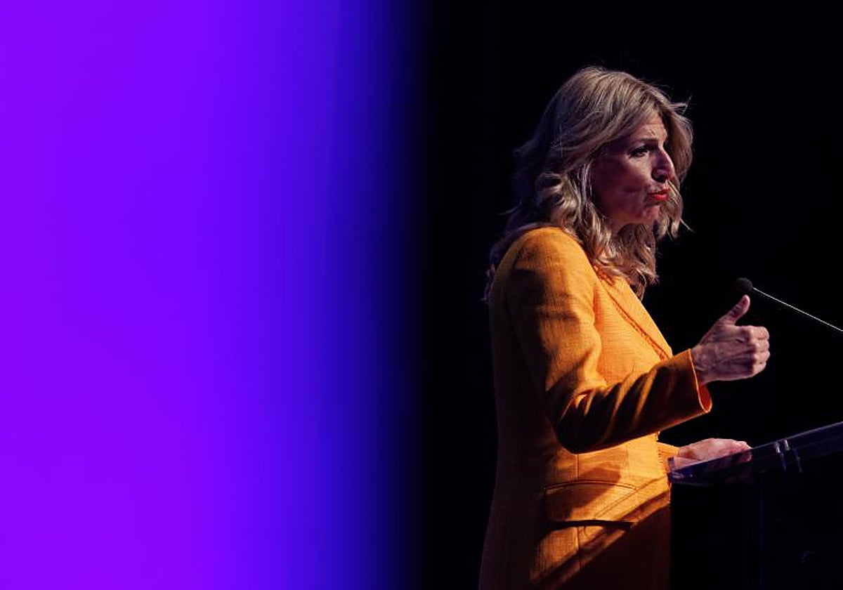 La vicepresidenta segunda y líder de Sumar, Yolanda Díaz, en la III edición del foro 'Fondos Europeos III: España, por el liderazgo global en economía verde y digital', en el Círculo de Bellas Artes, a 5 de junio