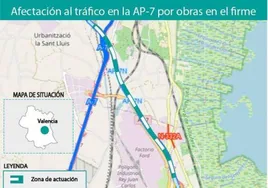 Así afectarán al tráfico las obras en la autopista AP-7 al sur de Valencia