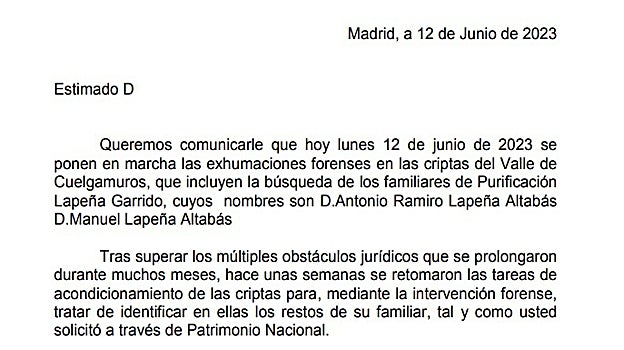 Carta del secretario de Estado de Memoria Democrática a los descendientes de fallecidos en la Guerra Civil