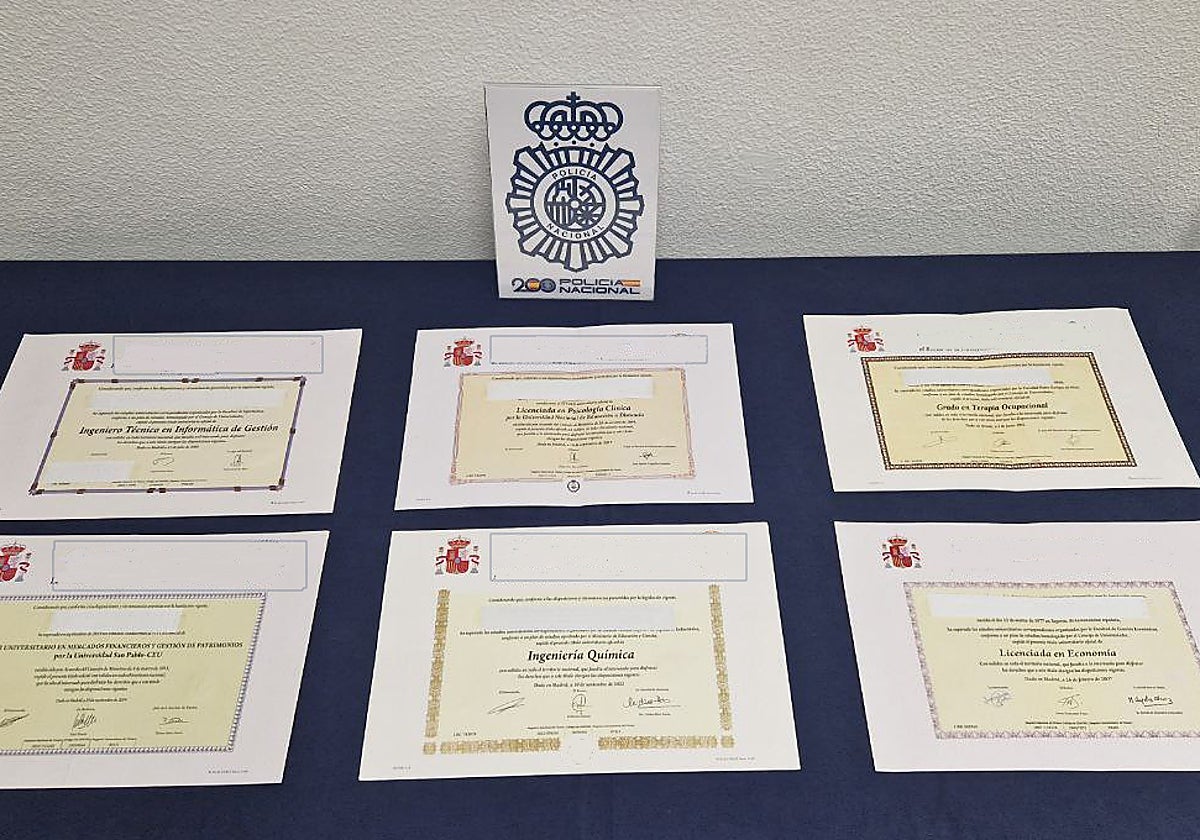 Algunos de los falsos títulos incautados por los agentes