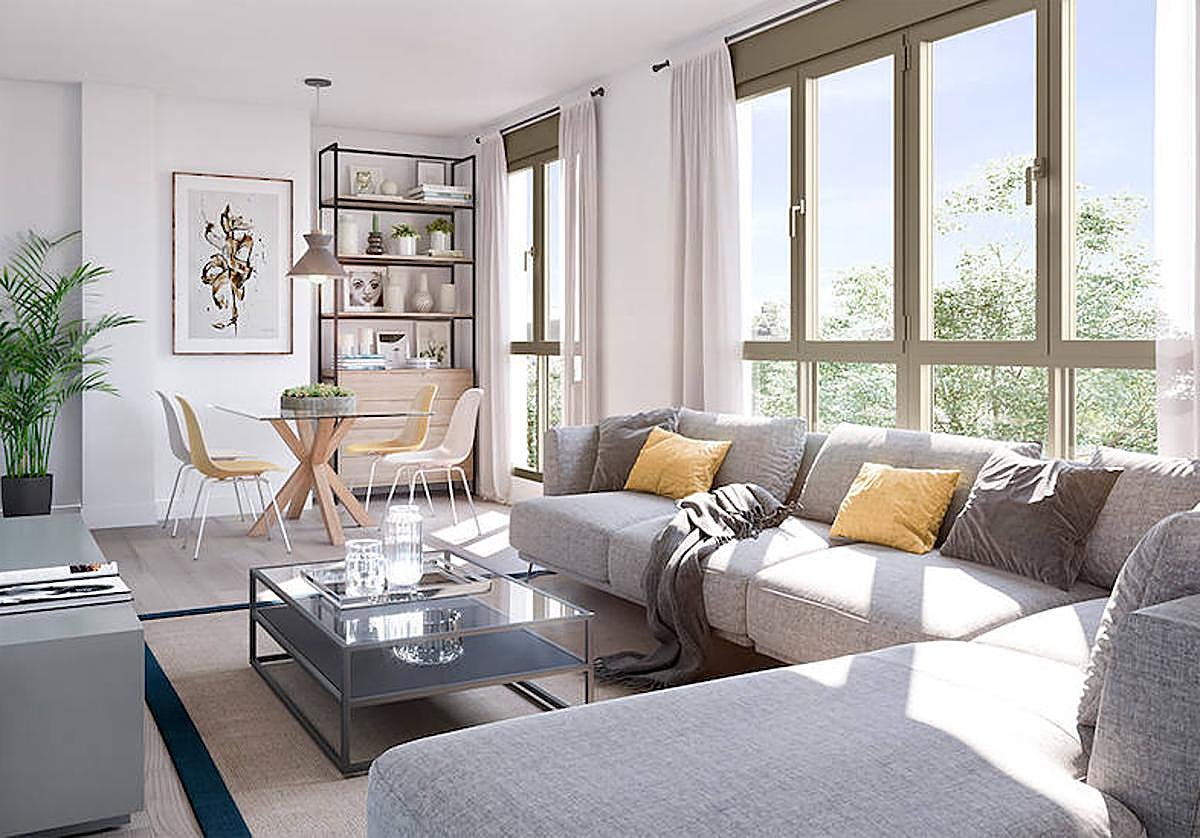 Infografía del salón de una vivienda de la promoción Gran Capitán Homes de Neinor