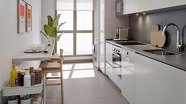 Infografía de la cocina de una de las viviendas de Gran Capitán Homes de Neinor