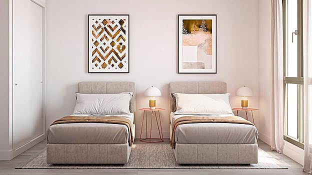 Infografía del dormitorio de una de las viviendas de la promoción Gran Capitán Homes de Neinor