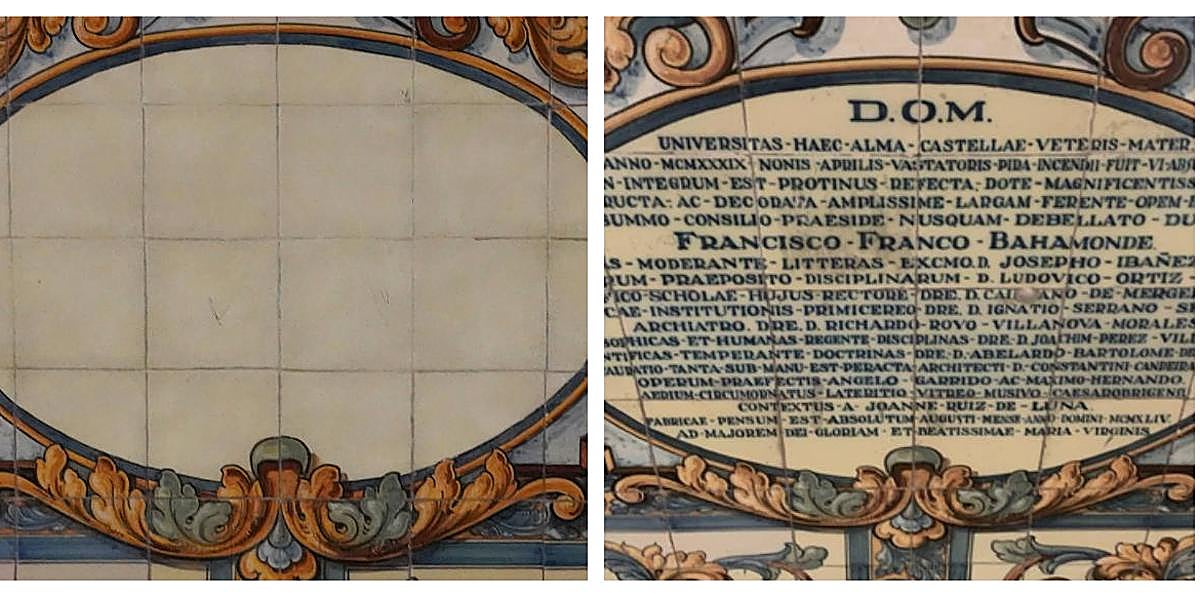 Azulejo borrado en la Universidad de Valladolid en el que figuraba el nombre de Franco