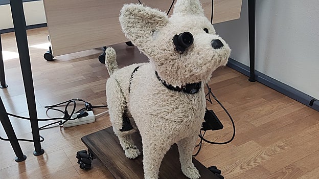 El perro robot crítico de arte, ya finalizado, en el despacho de Maedcore en el International Lab