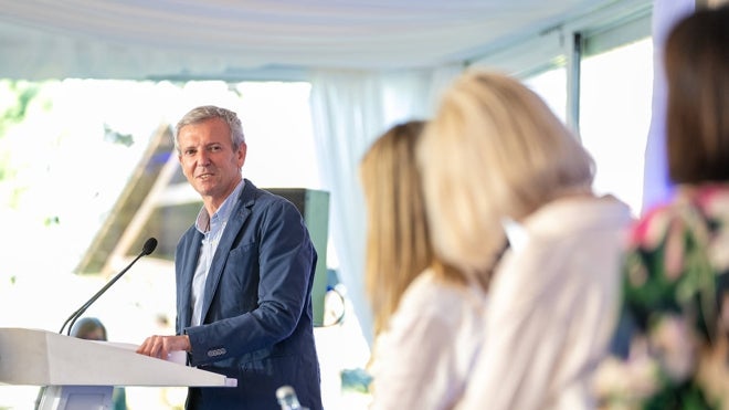 El presidente de la Xunta, Alfonso Rueda, este lunes en el acto electoral sobre igualdad del PPdeG en Vilalba (Lugo)