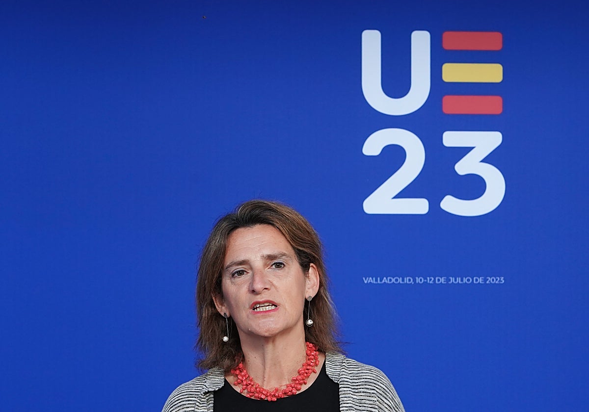Teresa Ribera interviene ante los medios de comunicación a su llegada a la cumbre europea de ministros de Medio Ambiente que se celebra en Valladolid