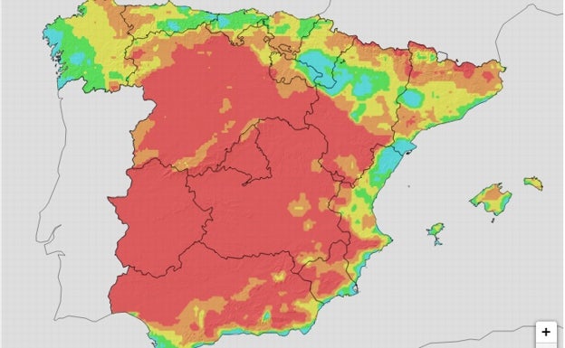 Mapa de riesgo de incendios forestales de la Aemet para este martes, que señala alerta extrema para la mayoría del territorio autonómico