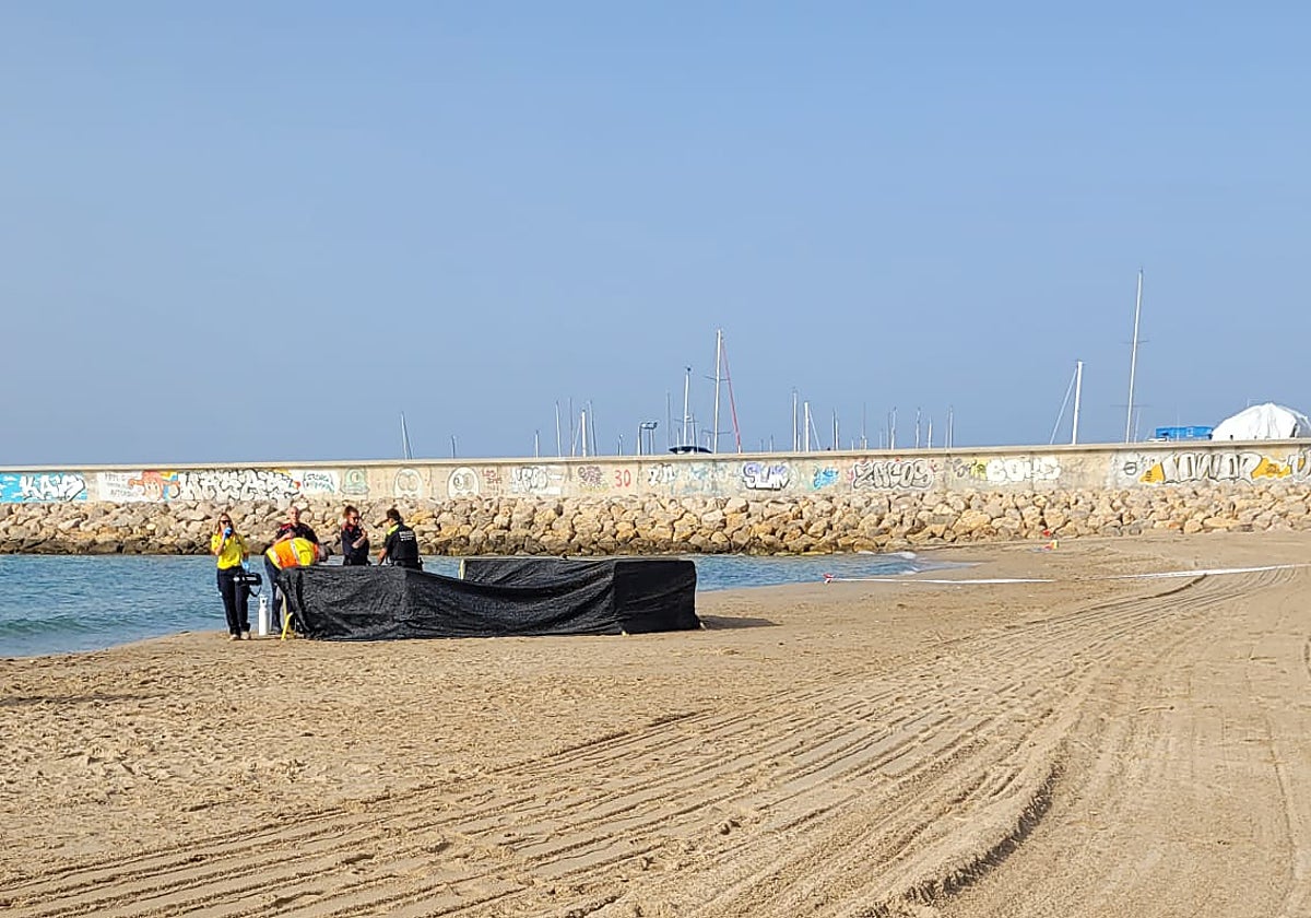 Efectivos de emergencias y Mossos en el arenal donde se ha localizado el cadáver del menor
