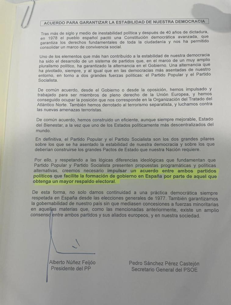 Imagen - El acuerdo que Feijóo ofreció firmado a Sánchez