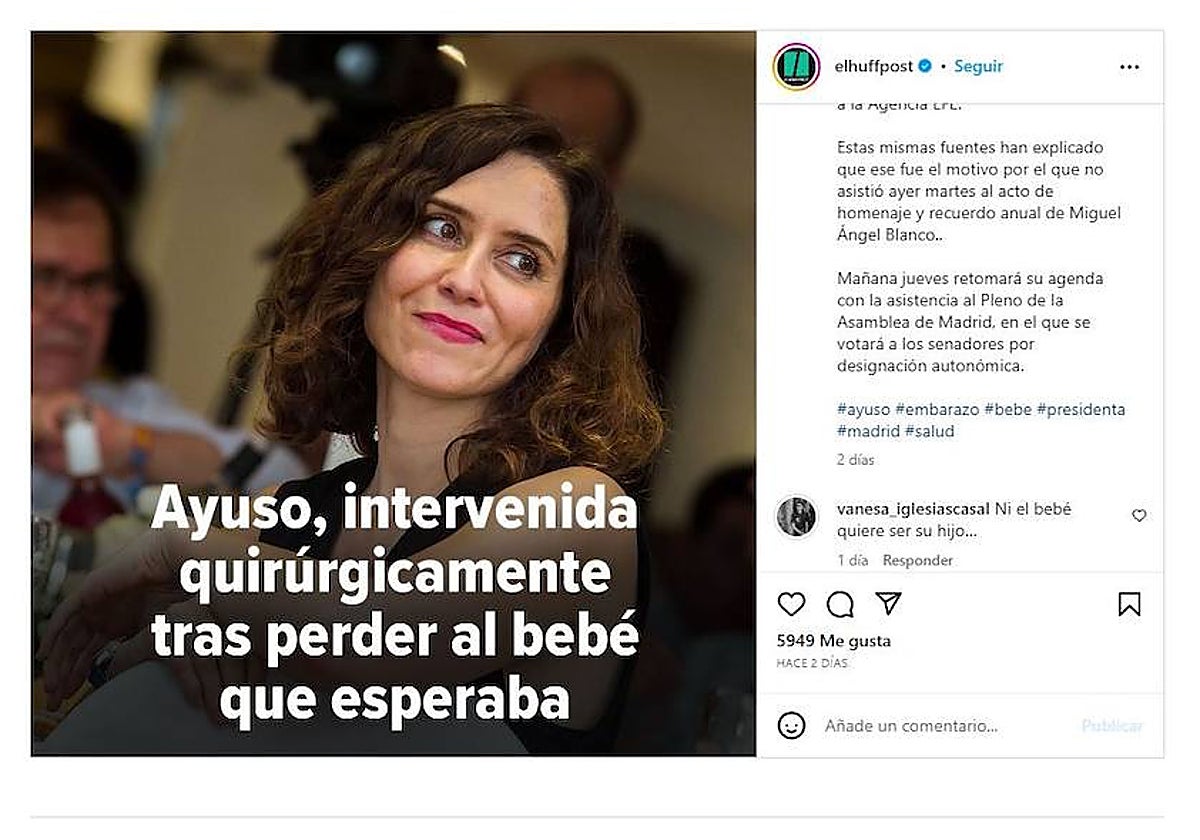 El comentario pertenece a una publicación de El HuffPost informando de la operación a la que fue sometida Díaz Ayuso