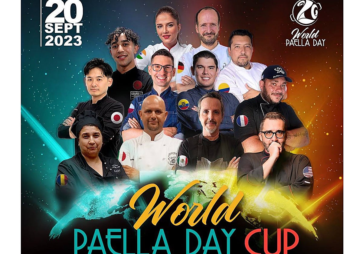 Imagen del cartel promocional con los doce chefs de la World Paella Day Cup
