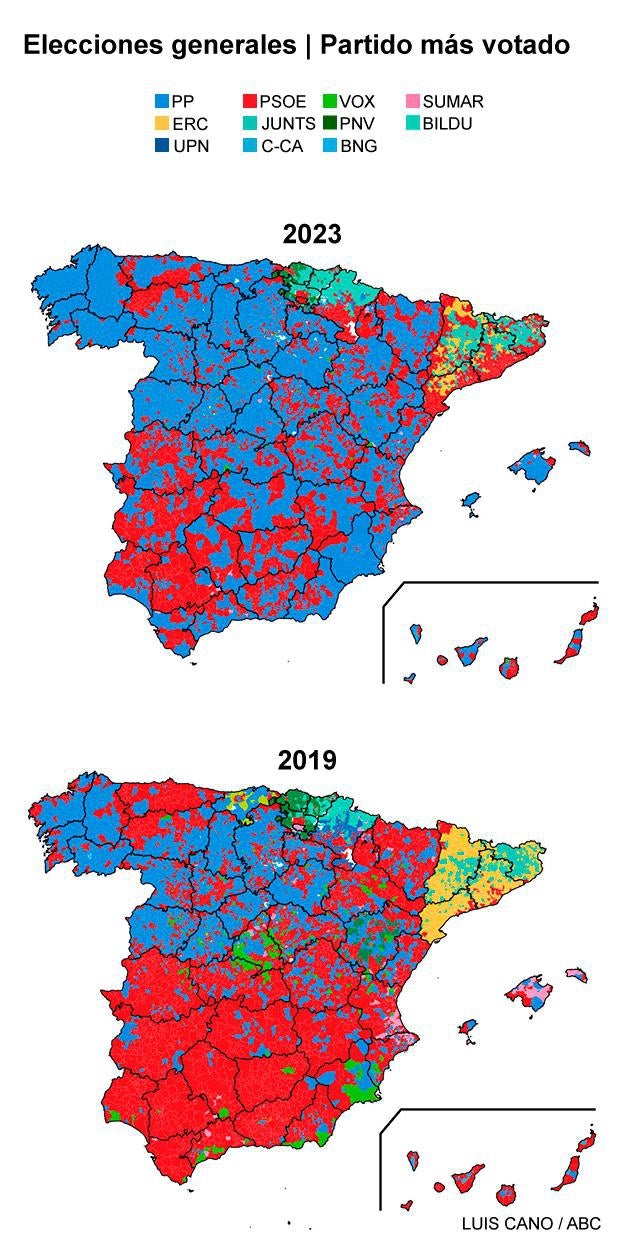 Mapa de los resultados de las elecciones generales del 23J por municipios