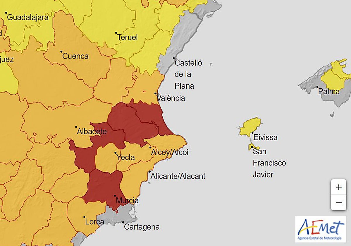 Mapa difundido en por Emergencias de la Generalitat Valenciana con la predicción de altas temperaturas para este jueves.