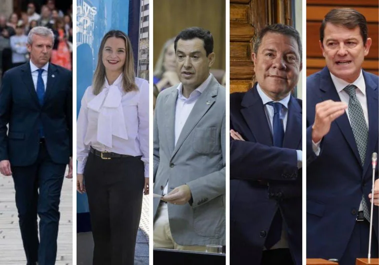 Alfonso Rueda (Galicia), Marga Prohens (Baleares), Juanma Moreno (Andalucía), Emiliano García-Page (C-LM) y Alfonso Fernández Mañueco (CyL)