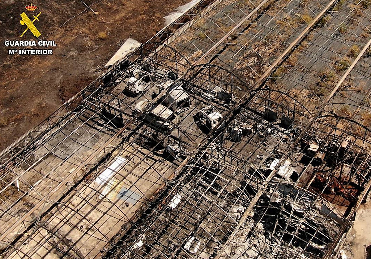 Vehículos calcinados tras el incendio producido en un desguace ilegal en Talamanca de Jarama