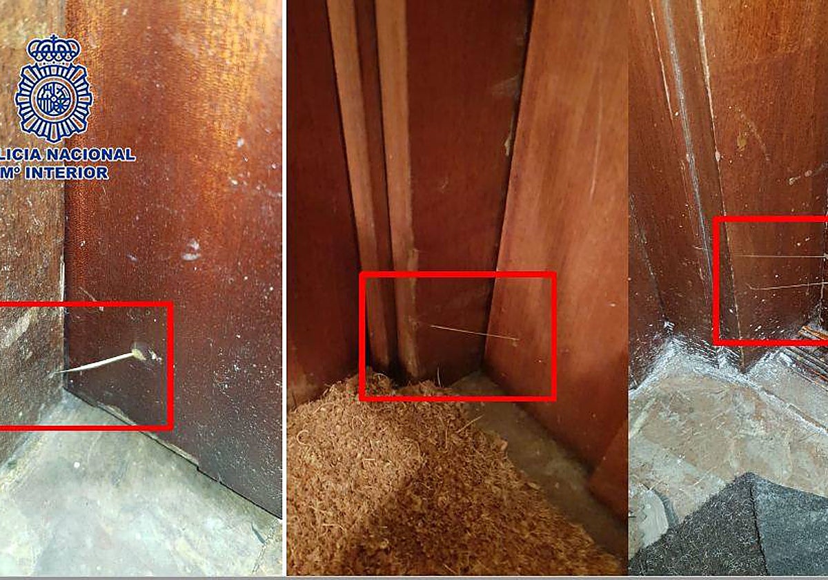 Hilos de pegamento o silicona colocados en algunas puertas marcadas