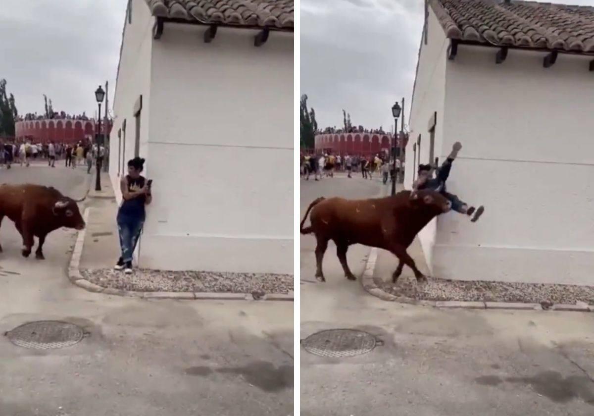 Una mujer es corneada por un toro mientras mira el móvil en mitad de un  encierro