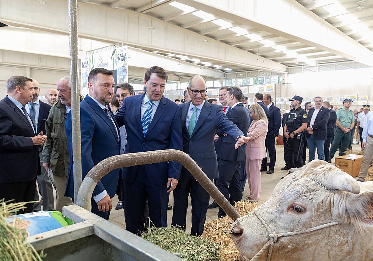 El presidente de la Junta de Castilla y León, Alfonso Fernández Mañueco, y el presidente de la Diputación de Salamanca, Javier Iglesias, en la inauguración de la Feria Salamaq 2023