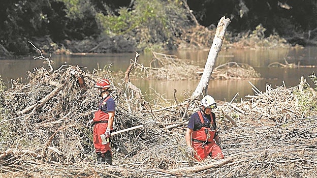 Los bomberos trabajan en los márgenes del río Alberche