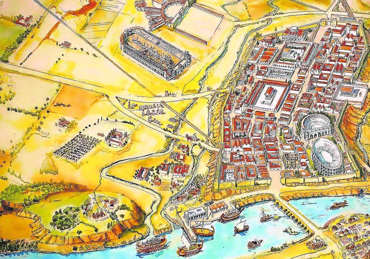 Recreación de la Córdoba romana. A la derecha, la Colina de los Quemados, en que pudo estar el primer asentamiento