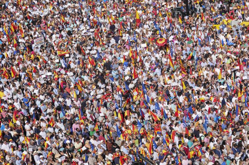 Detalle de los miles de congregados en el que se ve que los símbolos españoles han sido los más repetidos en la jornada reivindicativa del PP