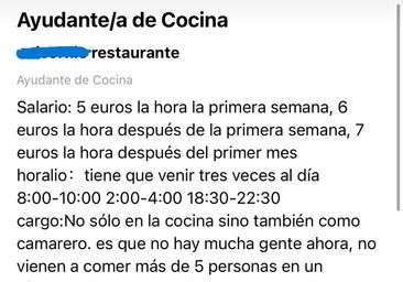 Camarero y ayudante de cocina con horario partido en tres turnos al día: una oferta de trabajo flexible porque «no hay muchos clientes ahora»