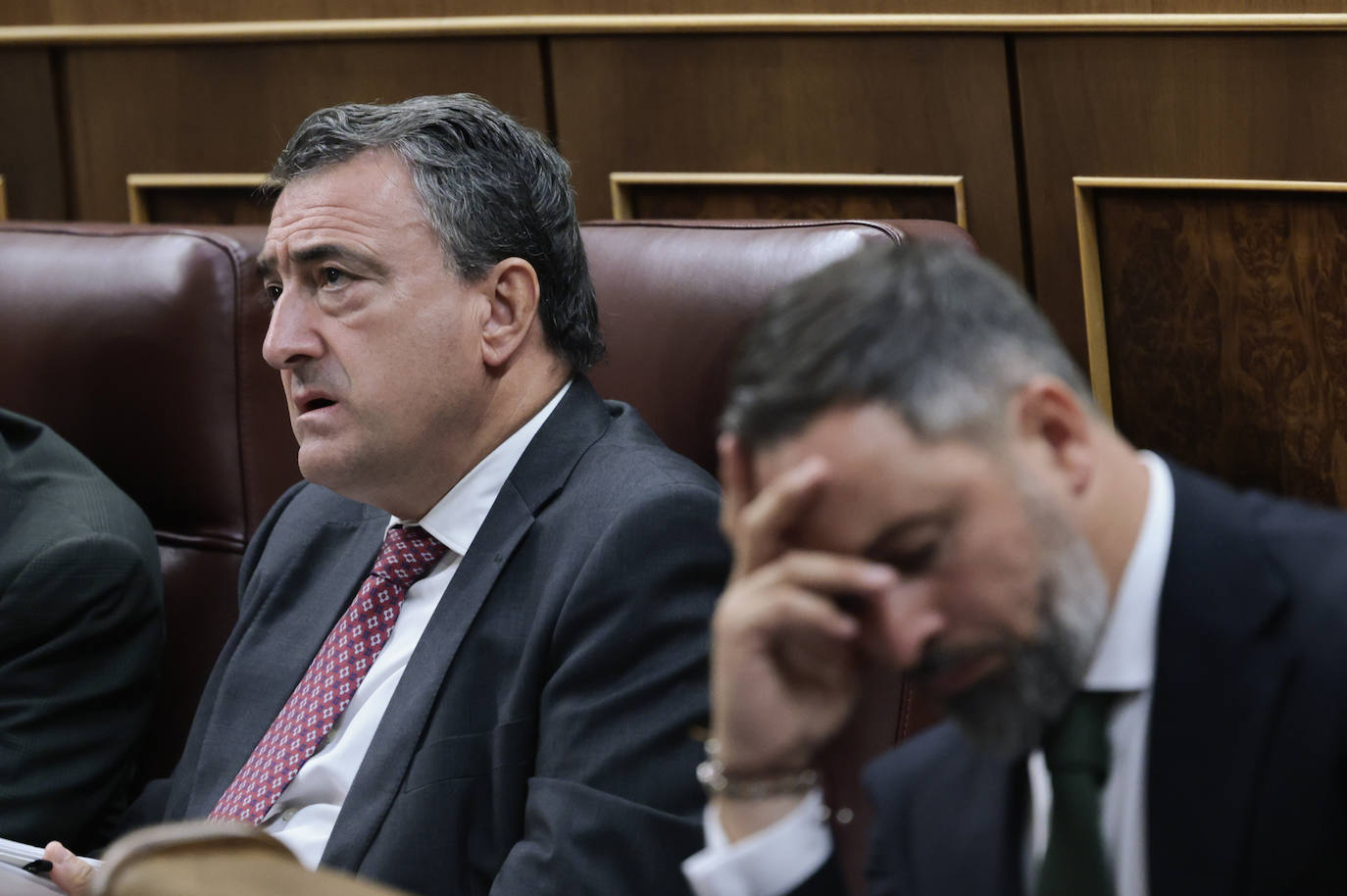 Los gestos del portavoz del PNV, Aitor Esteban, y del líder de Vox, Santiago Abascal mientras  Alberto Núñez Feijóo se dirigía al Congreso