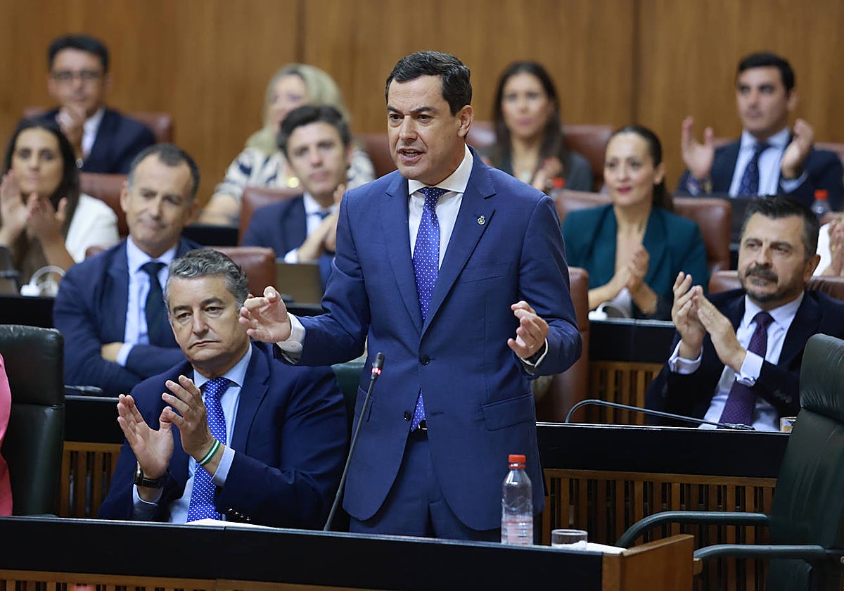 El presidente de la Junta, Juanma Moreno, este jueves en el Parlamento de Andalucía