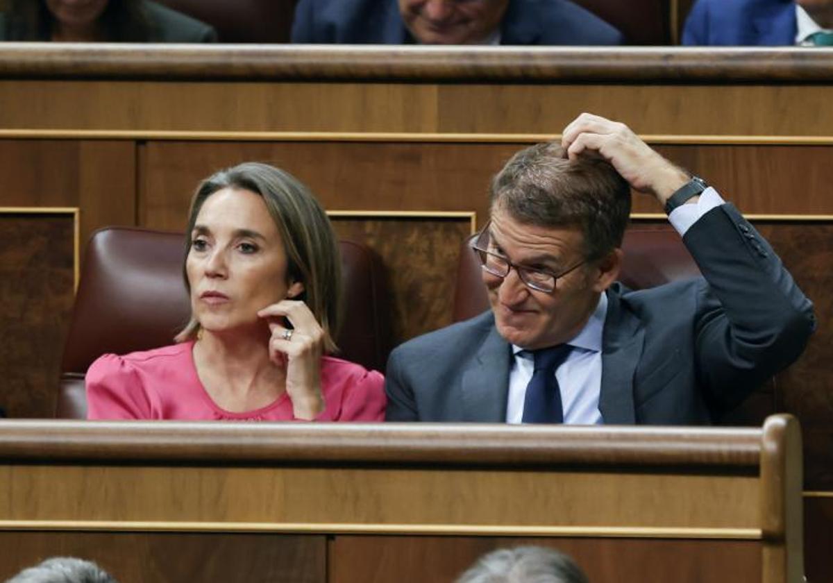 Cuca Gamarra y Feijóo durante la segunda sesión del debate de investidura del líder del PP