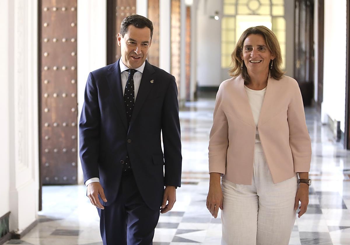 Juanma Moreno y Teresa Ribera, este martes en el Palacio de San Telmo de Sevilla