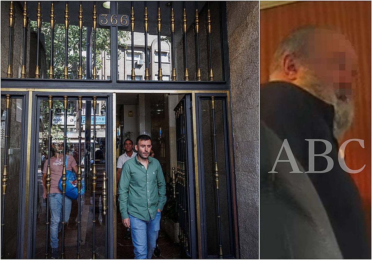 El hijo de la víctima sale del portal donde trabajaba su padre; a la dcha., el propietario del primero C, a quien busca la Policía