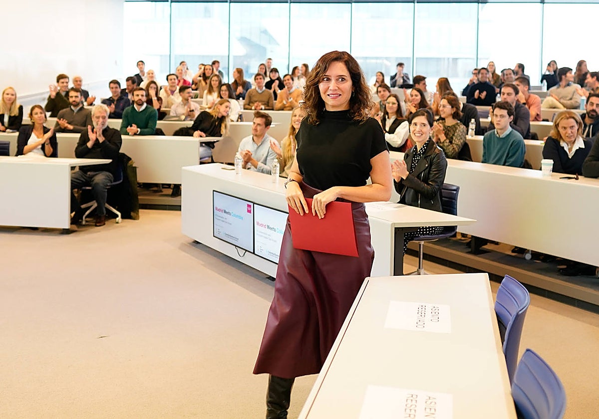 Díaz Ayuso, durante su intervención en la Columbia Business School de la Universidad de Columbia
