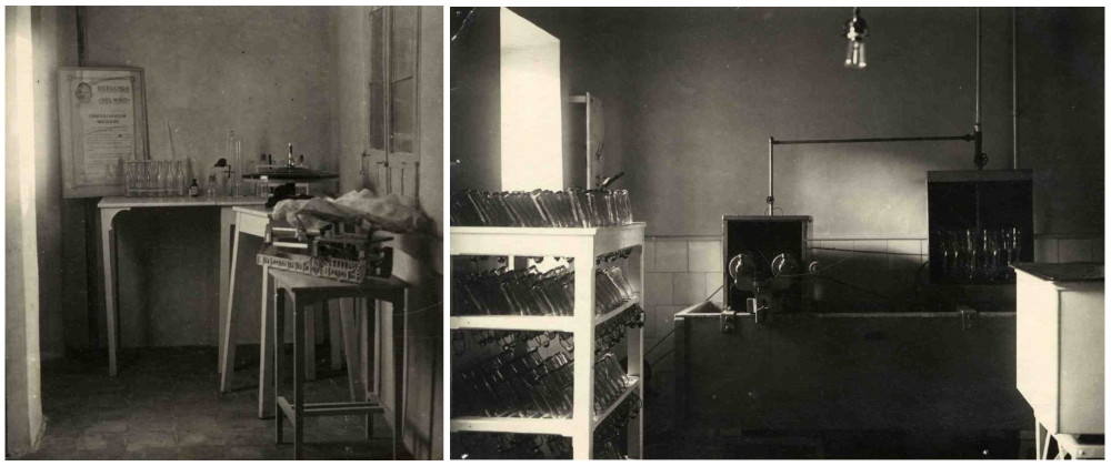 Instalaciones de la 'Gota de Leche' de Toledo. A la izquierda, laboratorio para inspeccionar la leche. A la derecha, la sección de lavado de biberones. Fotografías de Rodríguez publicadas en la revista La Provincia (07-01-1928). Archivo Municipal de Toledo