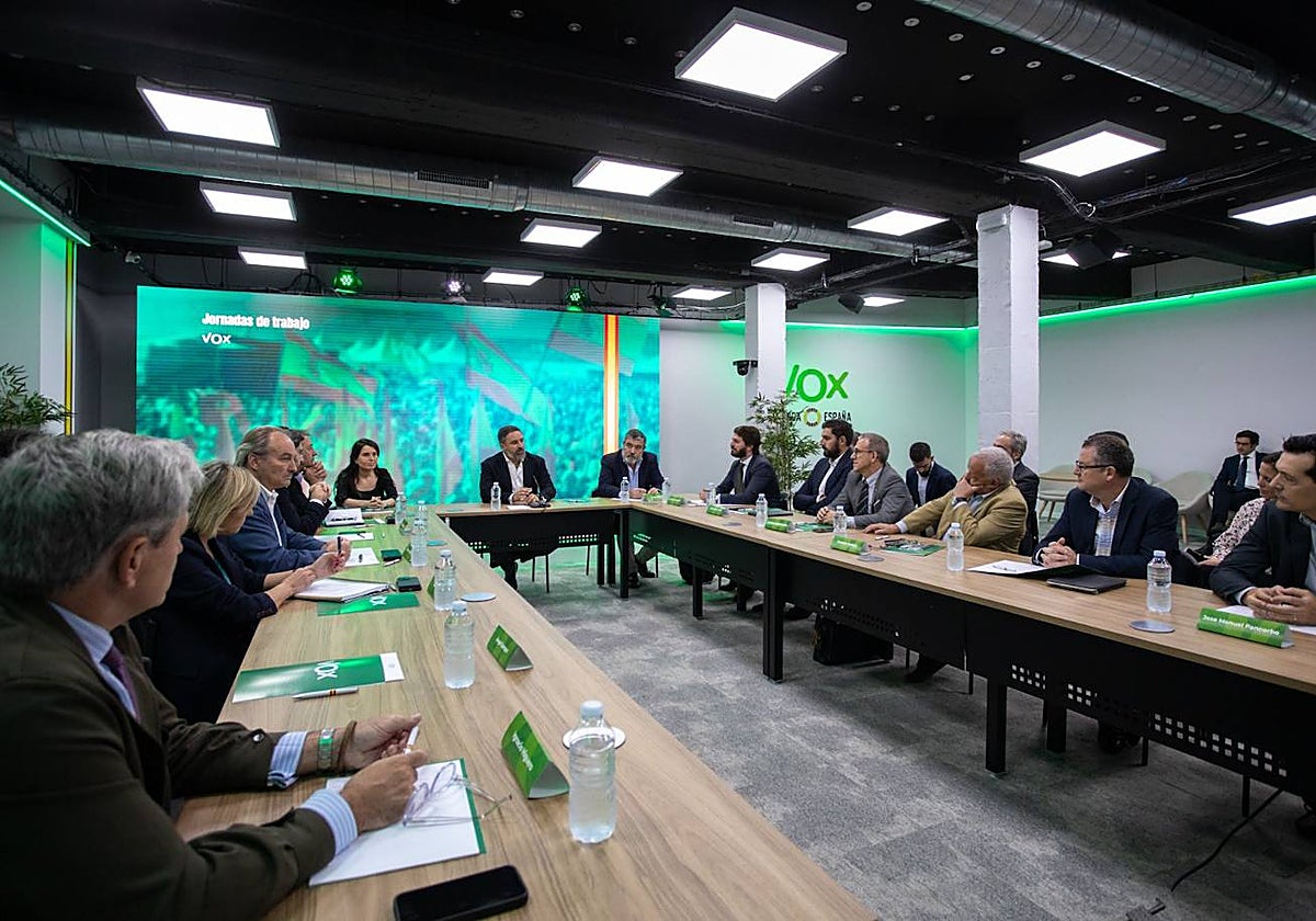 El presidente de Vox, Santiago Abascal, este lunes, reunido con los vicepresidentes y consejeros autonómicos de su partido