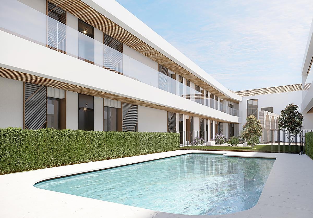 Infografía de las zonas comunes, con piscina, que tendrá 'Residencial Viana'