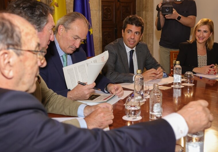 El presidente de la Generalitat Valenciana, Carlos Mazón, en su reunión con los regantes, este jueves.